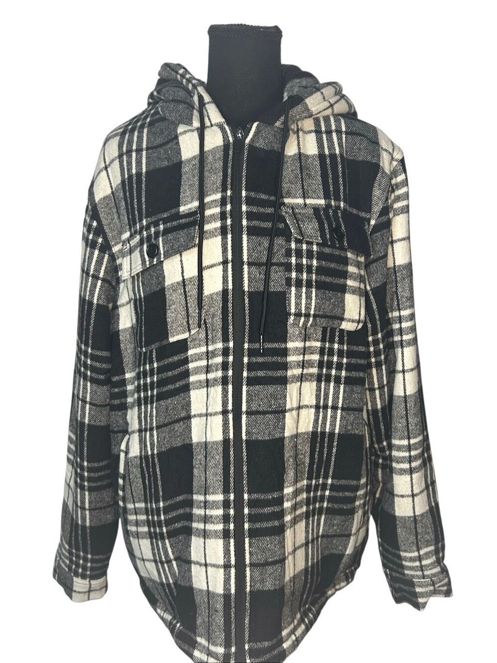 GRADUAL Men's L Plaid Serpa Fleece Lined Hooded Jacket Black White Heavy Flannel